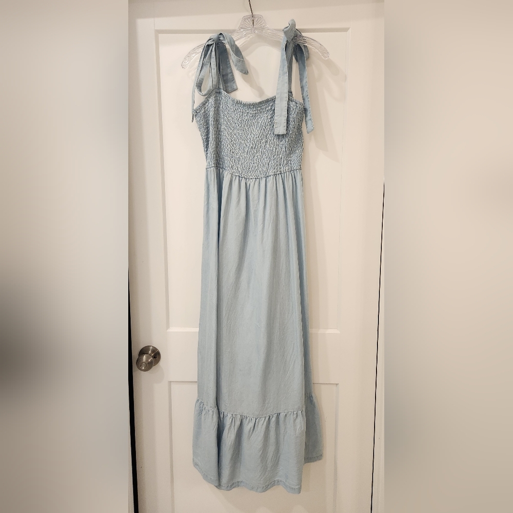 &Denim Brand Smocked Chambray Blue Smocked Tie Shoulders Maxi Dress